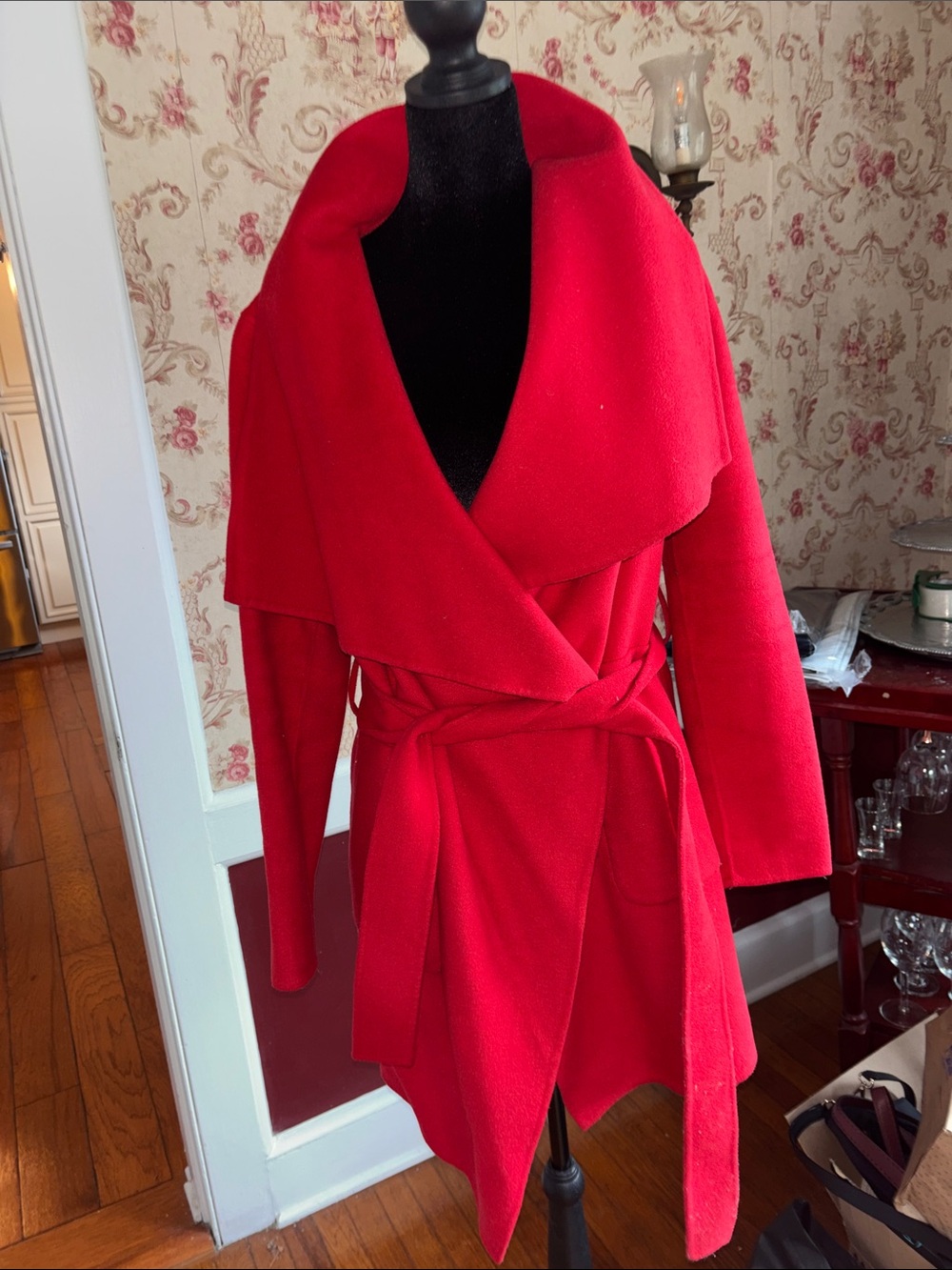 Red Wrap Belted Women's Sweater Coat